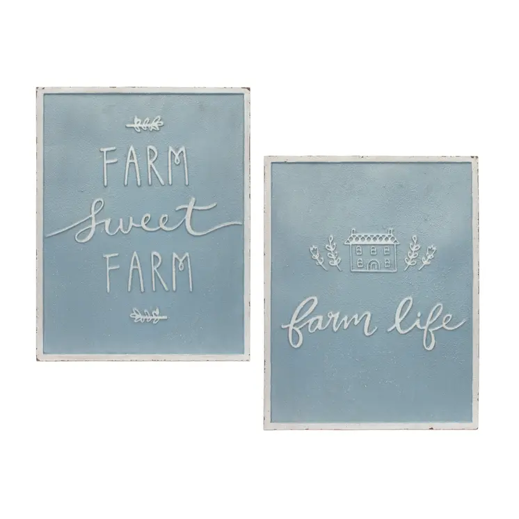 Set of Two Blue And White Farm Sweet Farm Metal Wall Decor