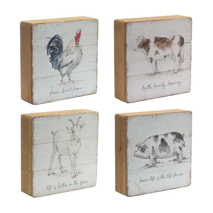 Set of Four White And Natural Farm Animals Wood Square Framed Art
