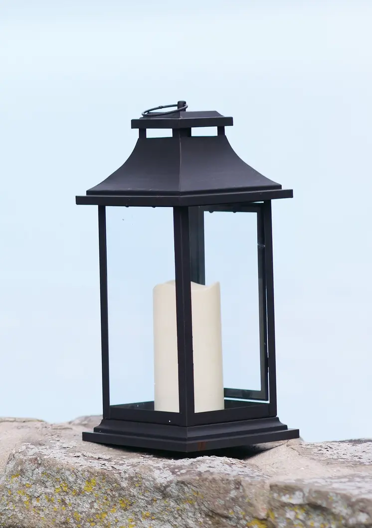 Set of Two Black Distressed Plastic Floor Lantern Candle Holders With Candle