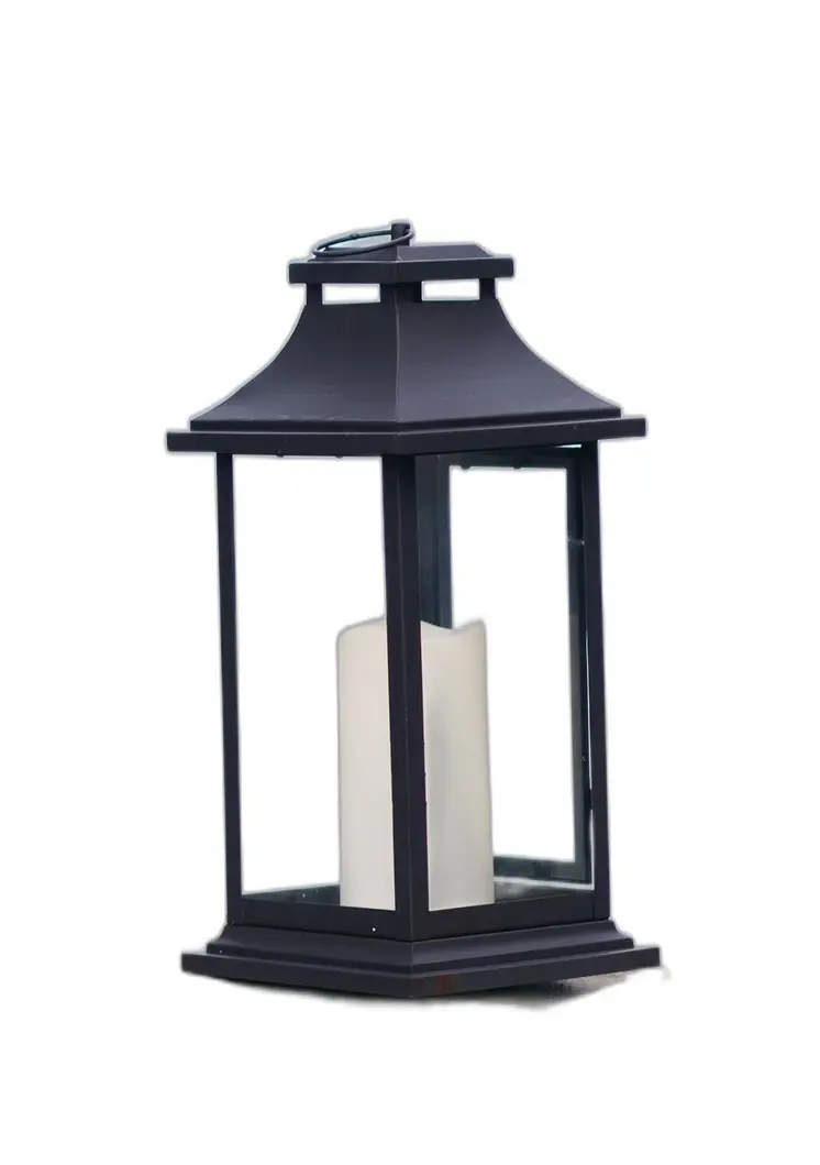 Set of Two Black Distressed Plastic Floor Lantern Candle Holders With Candle