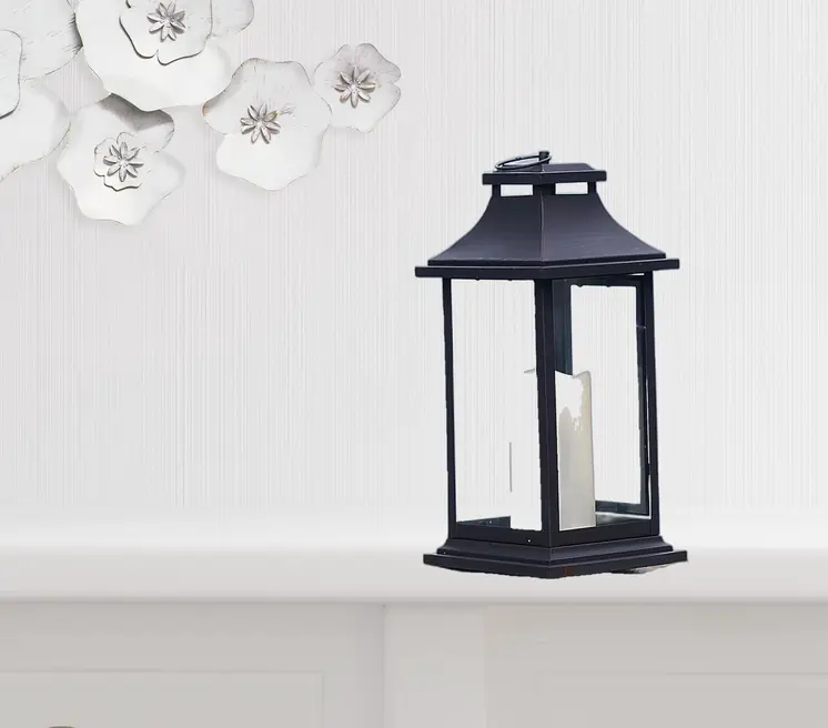 Set of Two Black Distressed Plastic Floor Lantern Candle Holders With Candle
