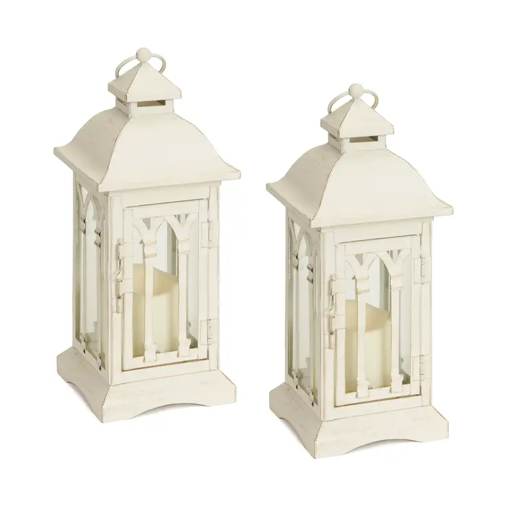 Set of Two Ivory Distressed Ornate Metal And Glass Tabletop Lantern Candle Holders With Candle