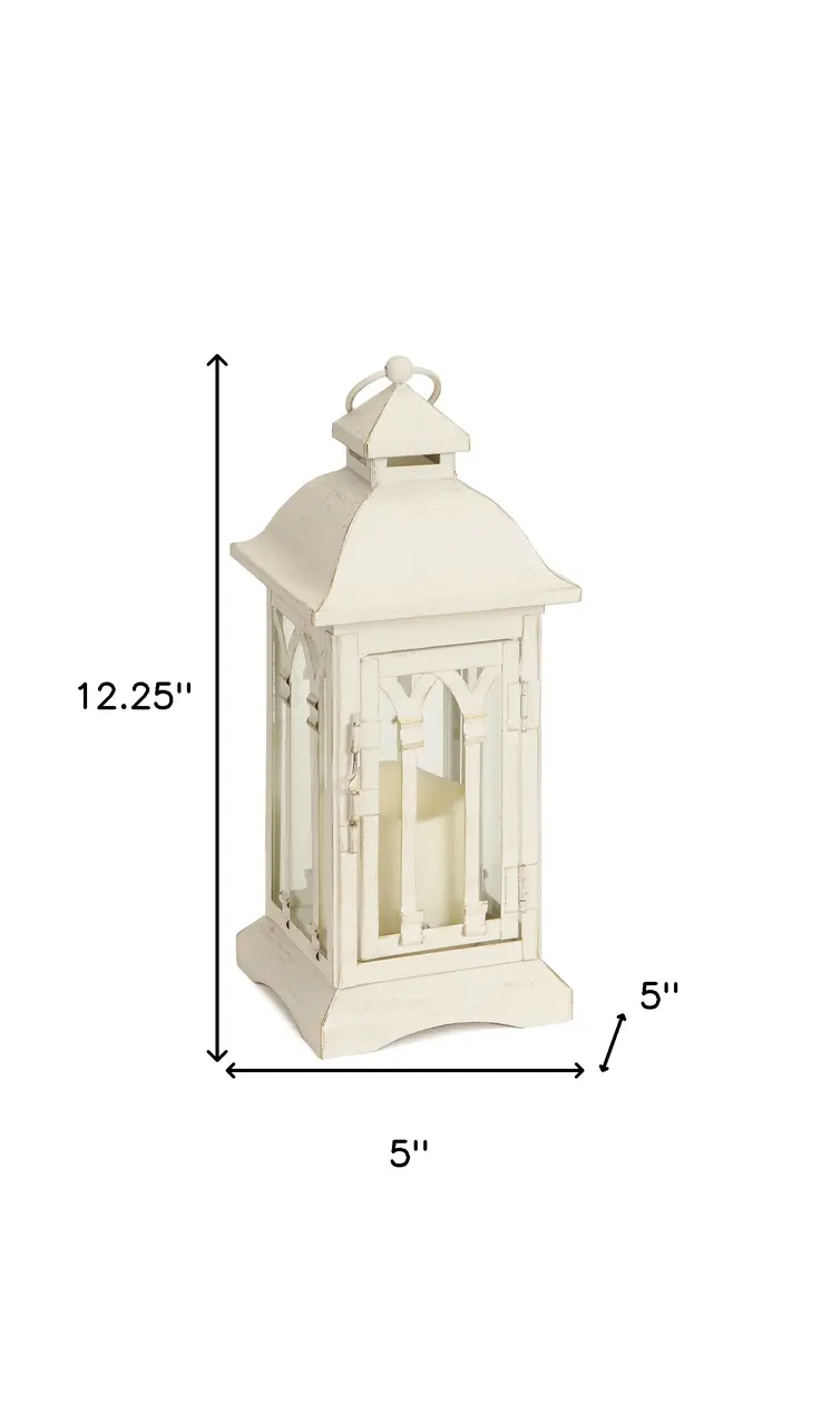 Set of Two Ivory Distressed Ornate Metal And Glass Tabletop Lantern Candle Holders With Candle