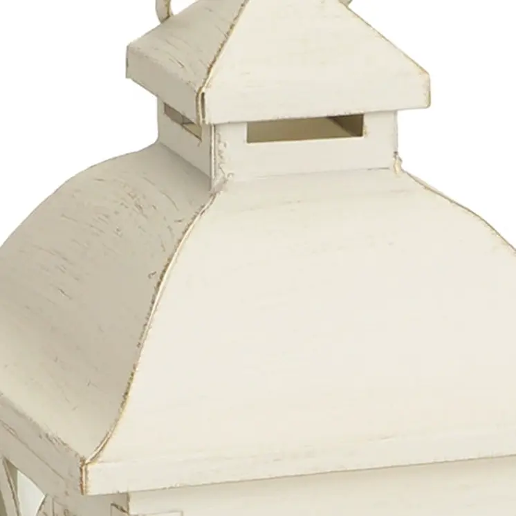 Set of Two Ivory Distressed Ornate Metal And Glass Tabletop Lantern Candle Holders With Candle