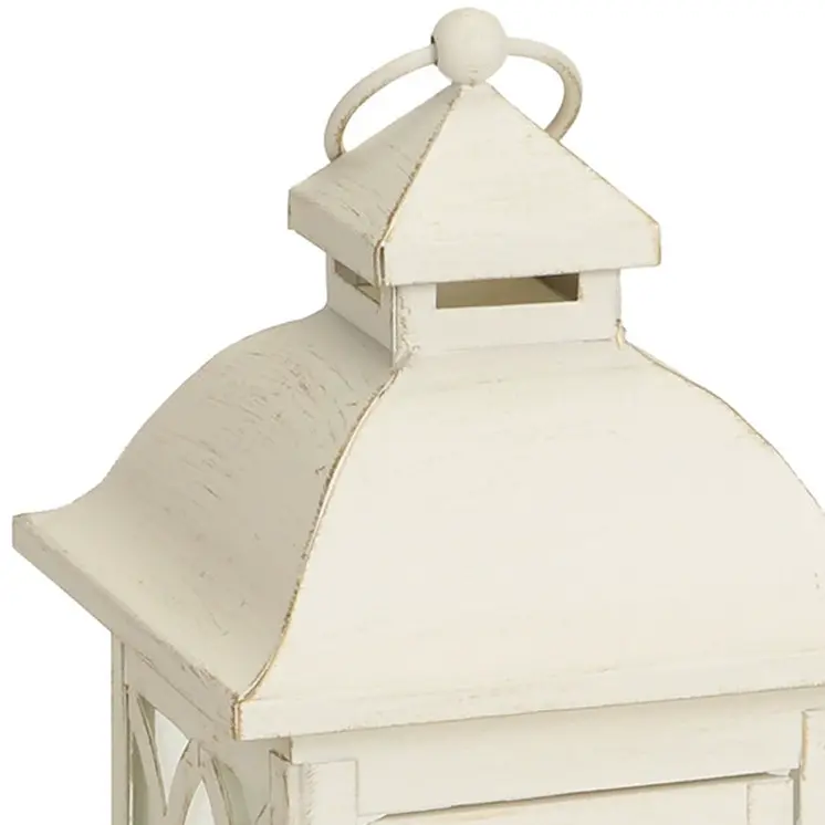 Set of Two Ivory Distressed Ornate Metal And Glass Tabletop Lantern Candle Holders With Candle