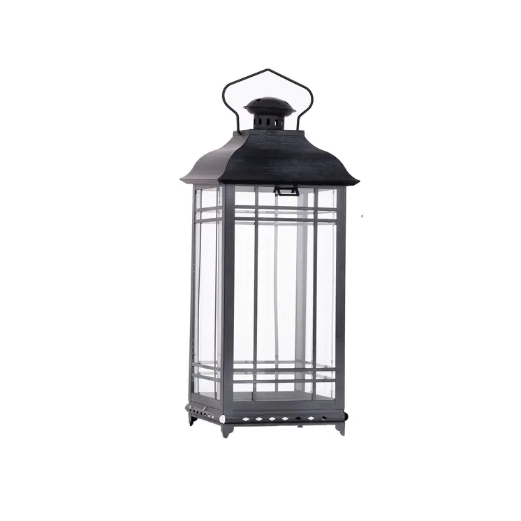 Set of Three Gray Distressed Geometric Glass And Metal Floor Lantern Candle Holders