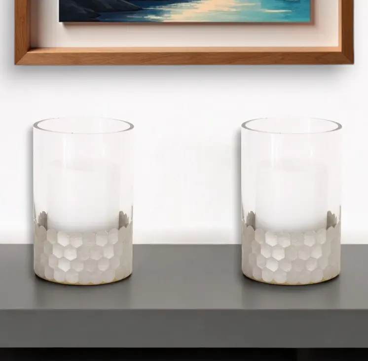 Set of Two Clear and Silver Glass Geometric Tabletop Pillar Candle Holders