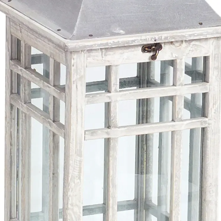 Set of Two White And Silver Distressed Geometric Metal Floor Lantern Candle Holders