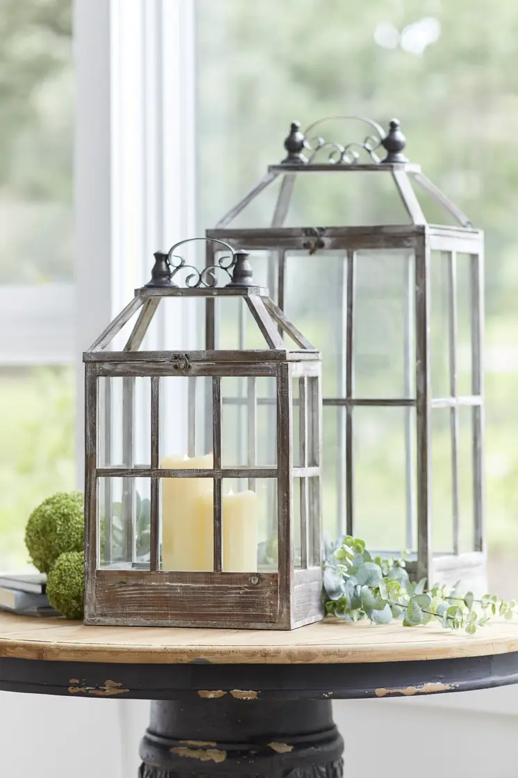 Set of Two White Distressed Wood And Glass Floor Lantern Candle Holders