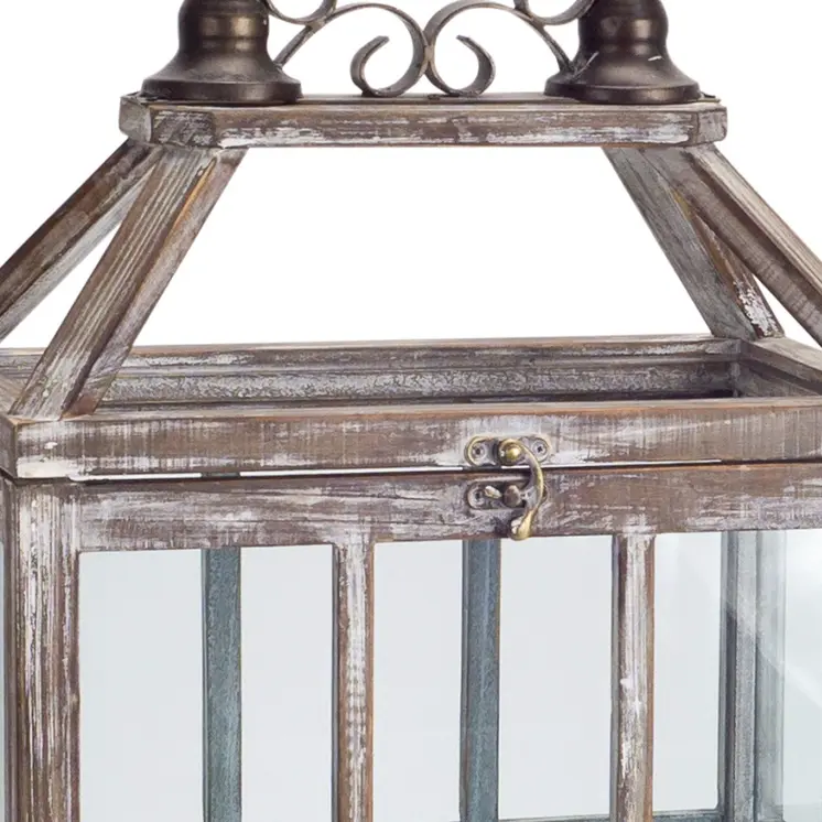 Set of Two White Distressed Wood And Glass Floor Lantern Candle Holders