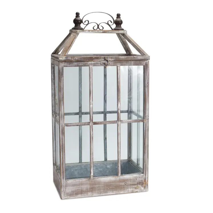 Set of Two White Distressed Wood And Glass Floor Lantern Candle Holders