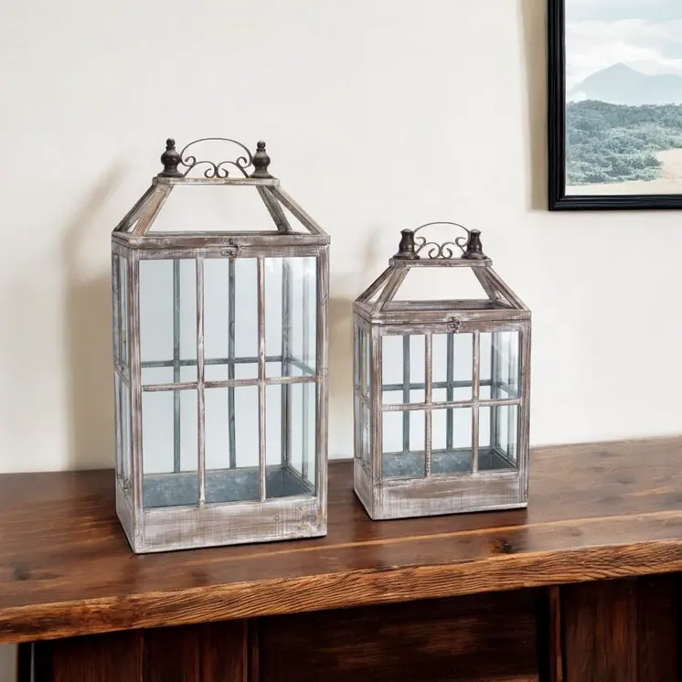 Set of Two White Distressed Wood And Glass Floor Lantern Candle Holders