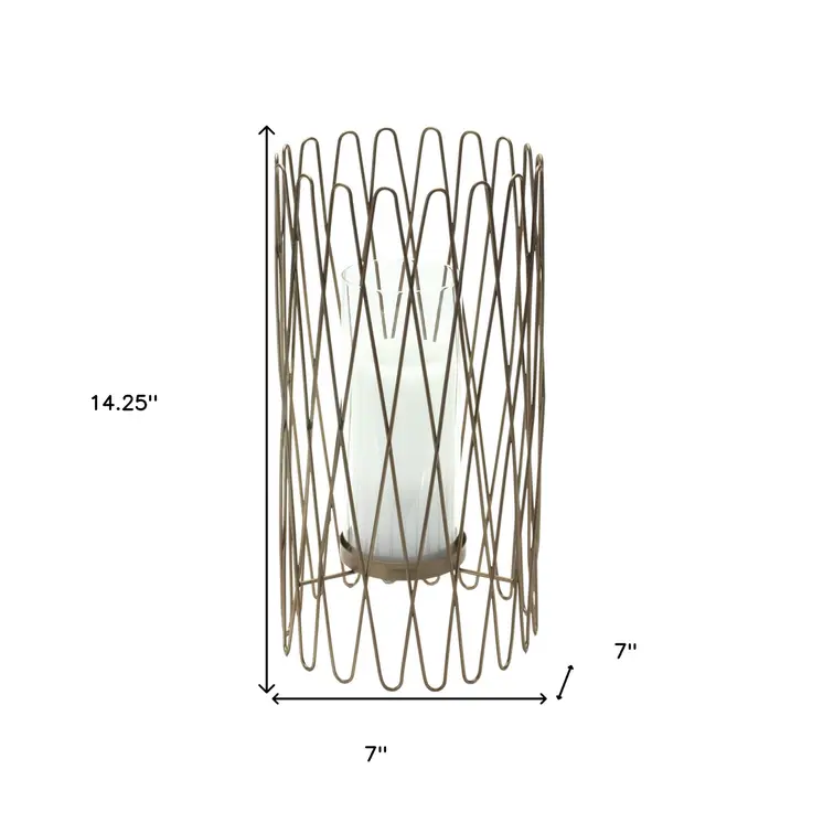 14" Gold Iron and Glass Tabletop Hurricane Candle Holder