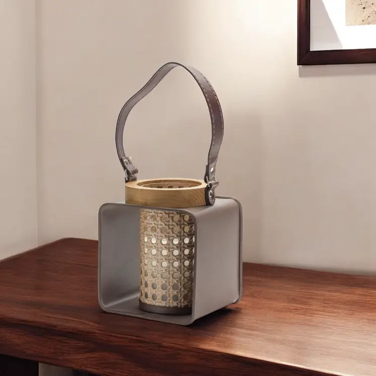 7" Natural And Brown Distressed Lattice Iron And Wood Tabletop Lantern Candle Holder
