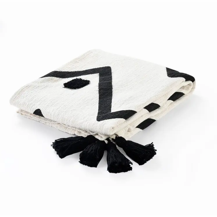 50" X 60" Black and White Woven Cotton Chevron Throw Blanket with Tassels