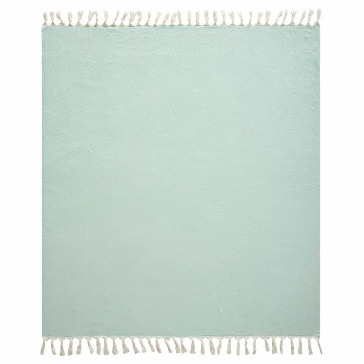50" X 60" Teal Blue Woven Cotton Herringbone Throw Blanket with Fringe