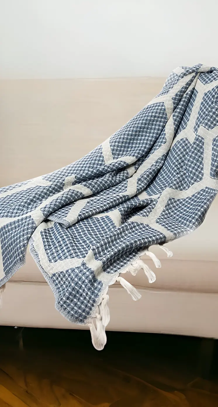 60" X 50" Blue and Off White Woven Cotton Geometric Throw Blanket with Fringe