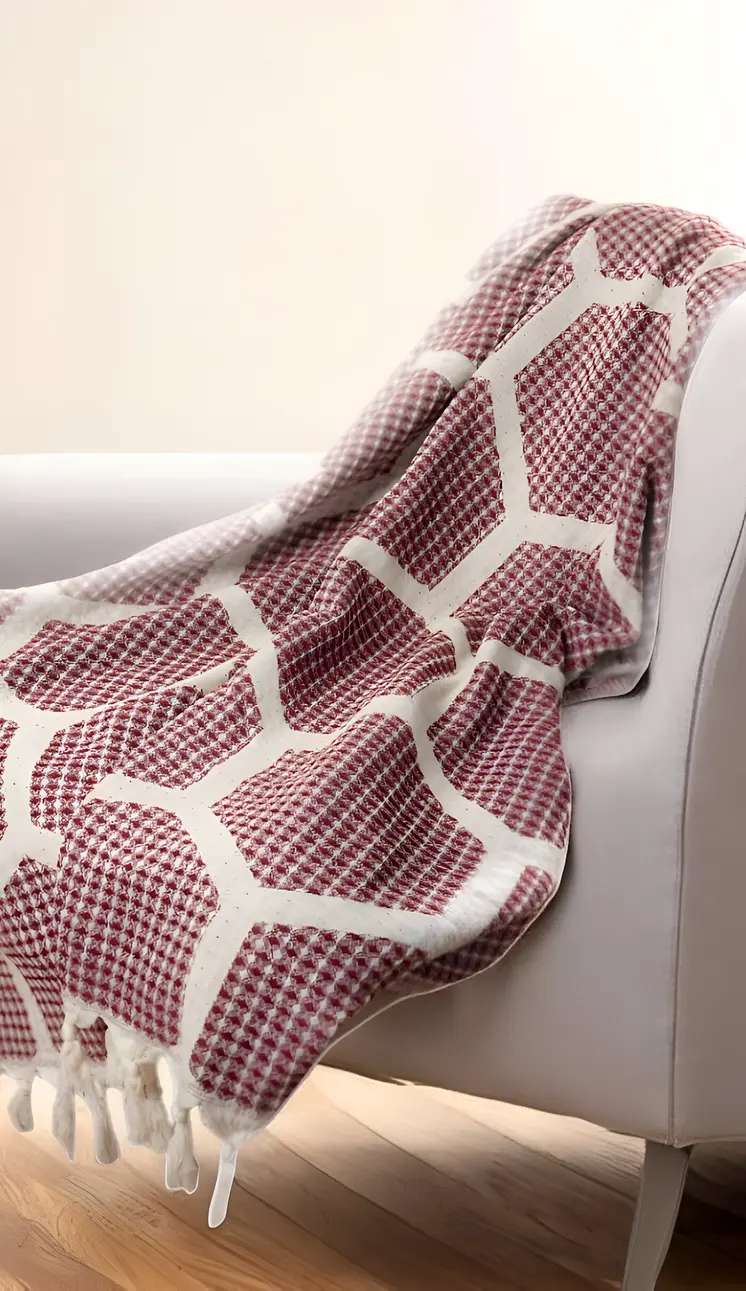 60" X 50" Red Woven Cotton Geometric Throw Blanket with Fringe