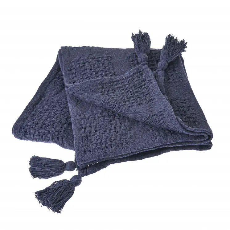 50" X 60" Blue Woven Cotton Throw Blanket with Tassels