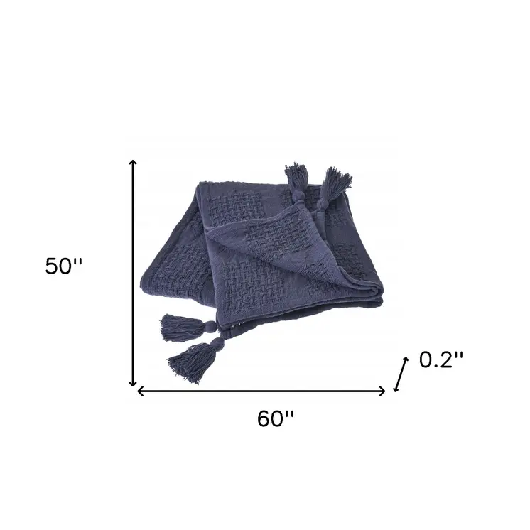 50" X 60" Blue Woven Cotton Throw Blanket with Tassels