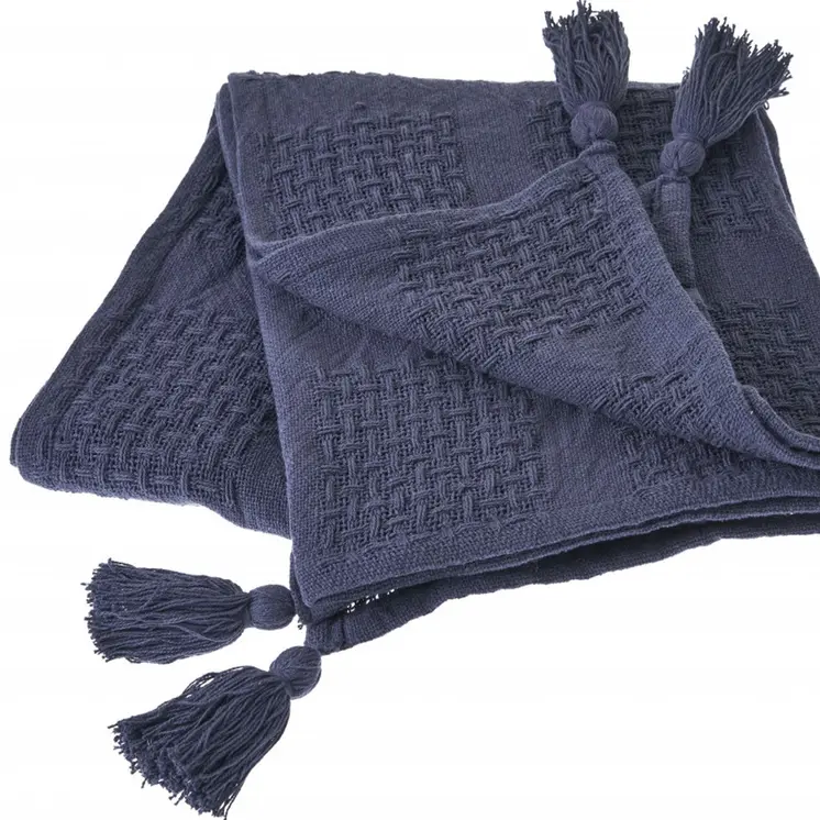 50" X 60" Blue Woven Cotton Throw Blanket with Tassels