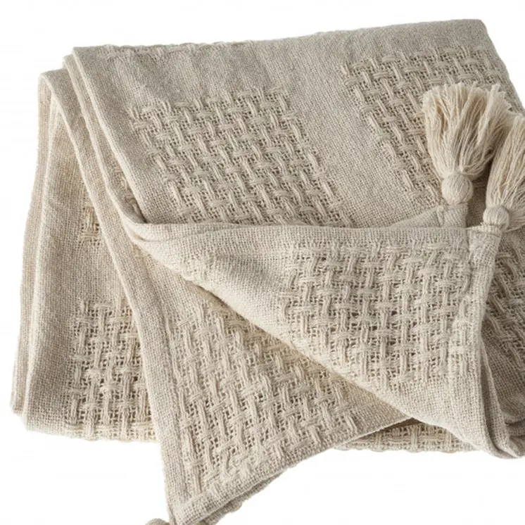 50" X 60" Cream Cotton Woven Throw Blanket with Tassels