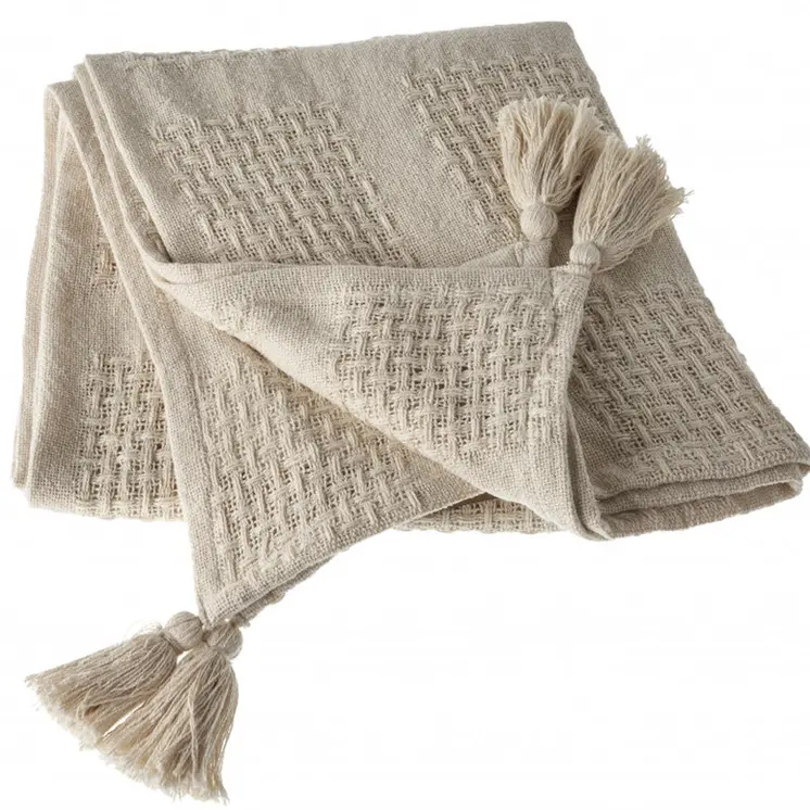 50" X 60" Cream Cotton Woven Throw Blanket with Tassels