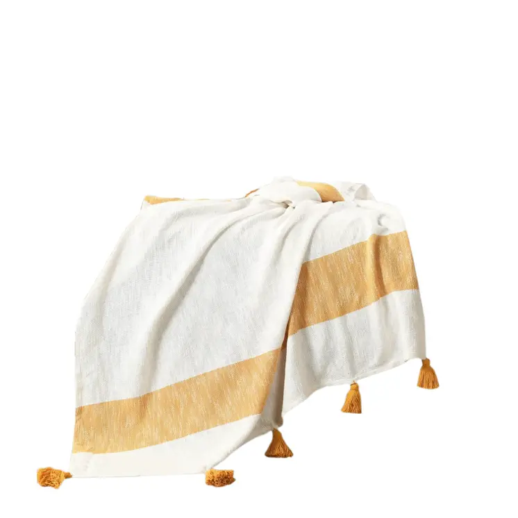 50" X 60" Yellow Woven Cotton Striped Throw Blanket with Tassels