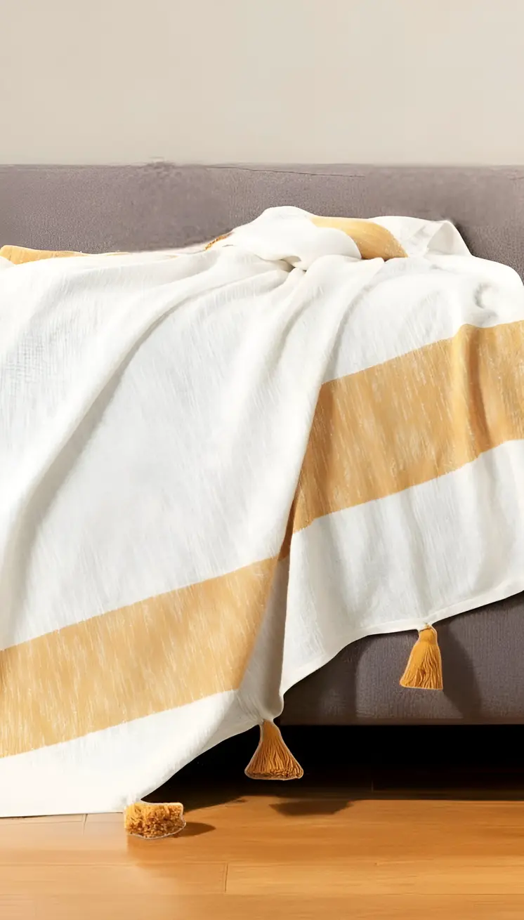 50" X 60" Yellow Woven Cotton Striped Throw Blanket with Tassels