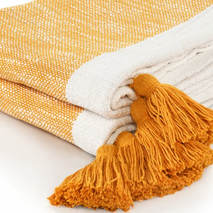 50" X 60" Yellow Woven Cotton Striped Throw Blanket with Tassels