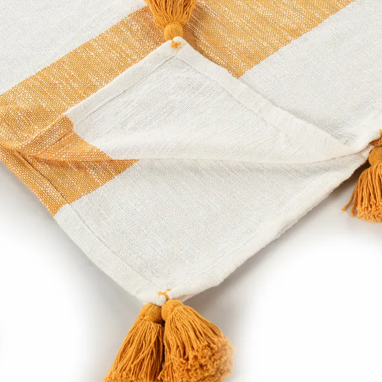 50" X 60" Yellow Woven Cotton Striped Throw Blanket with Tassels