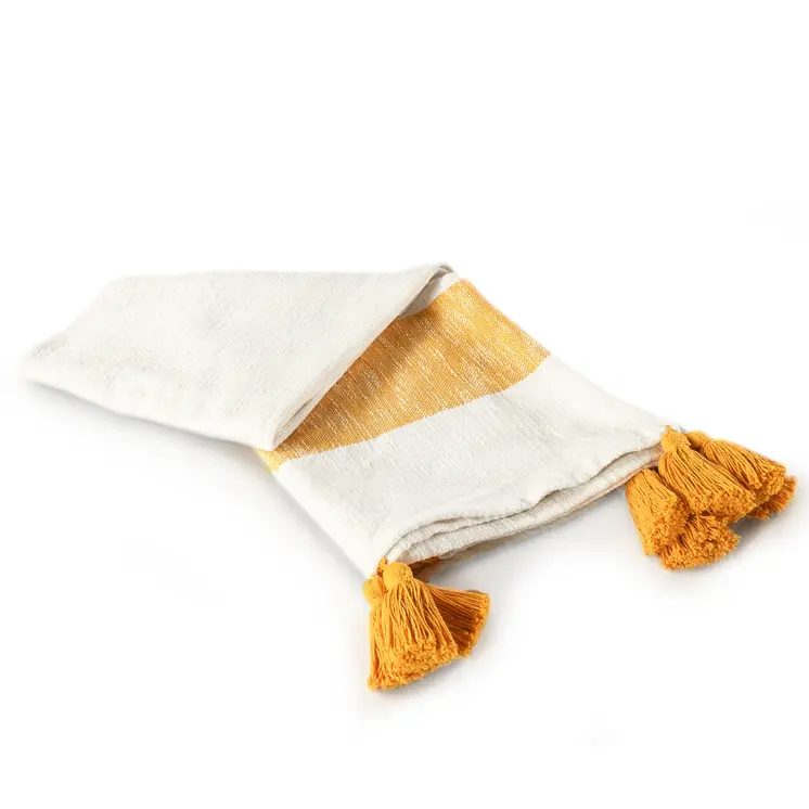 50" X 60" Yellow Woven Cotton Striped Throw Blanket with Tassels