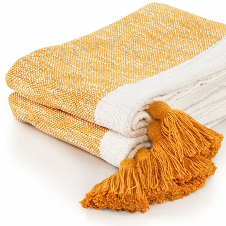 50" X 60" Yellow Woven Cotton Striped Throw Blanket with Tassels