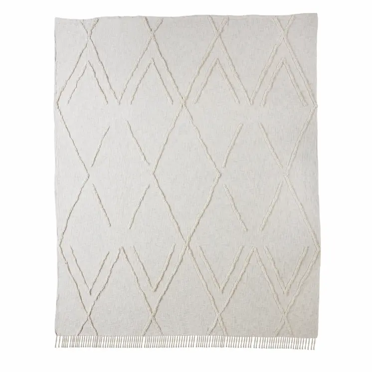 Ivory Geometric Queen Cotton Coverlet With Fringe