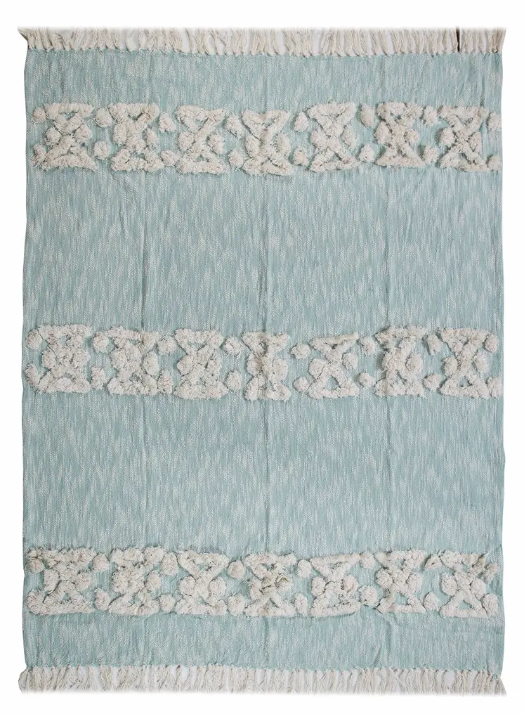 60" X 50" Blue and White Woven Cotton Geometric Throw Blanket with Fringe