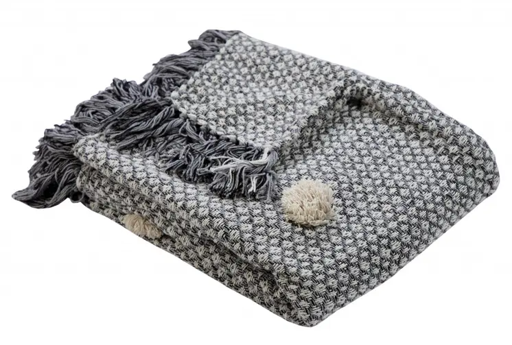 50" X 60" Gray Woven Cotton Houndstooth Throw Blanket with Pom Poms