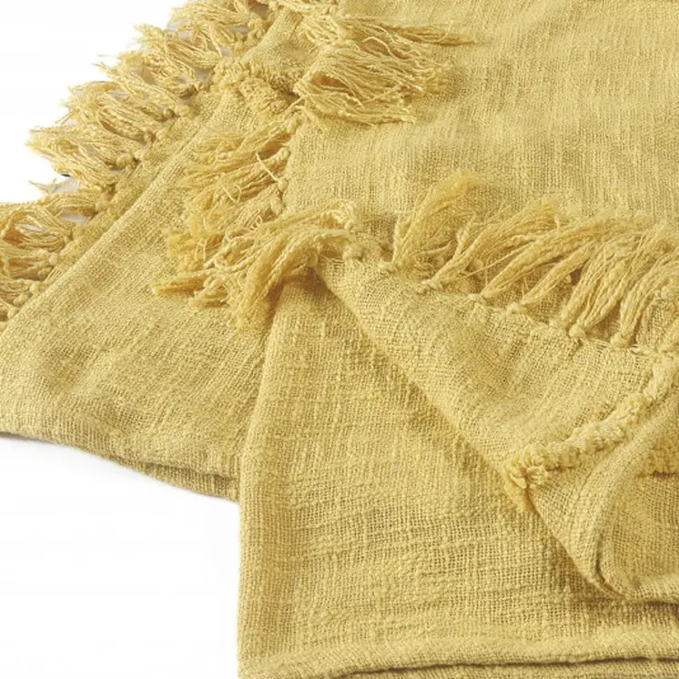 60" X 50" Yellow Woven Cotton Throw Blanket with Fringe