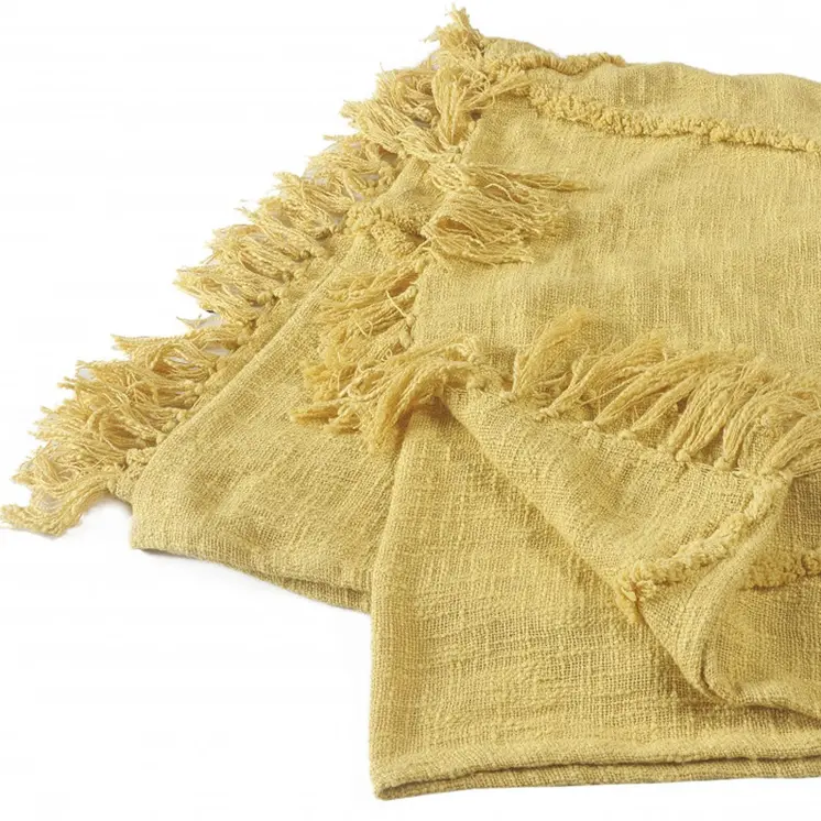 60" X 50" Yellow Woven Cotton Throw Blanket with Fringe