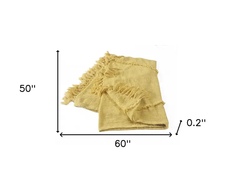 60" X 50" Yellow Woven Cotton Throw Blanket with Fringe