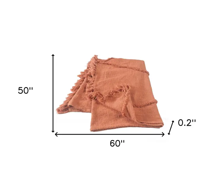 60" X 50" Orange Woven Cotton Throw Blanket with Fringe