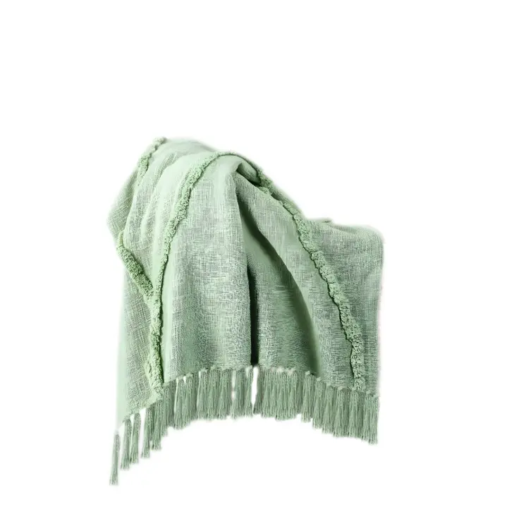 50" X 60" Green Woven Cotton Throw Blanket with Fringe