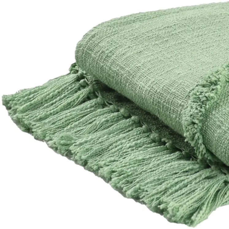 50" X 60" Green Woven Cotton Throw Blanket with Fringe