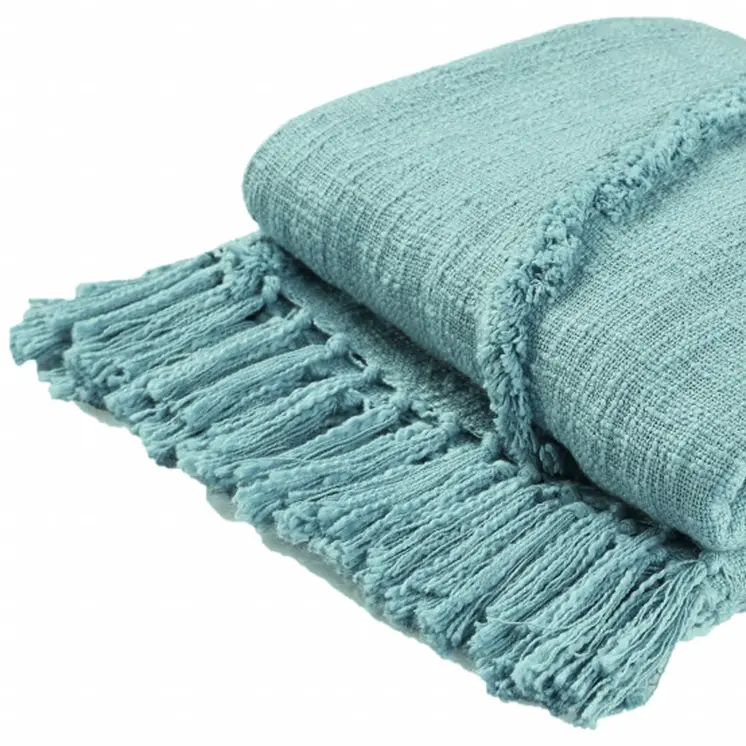 60" X 50" Blue Woven Cotton Throw Blanket with Fringe