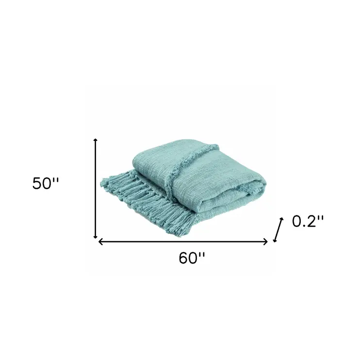 60" X 50" Blue Woven Cotton Throw Blanket with Fringe
