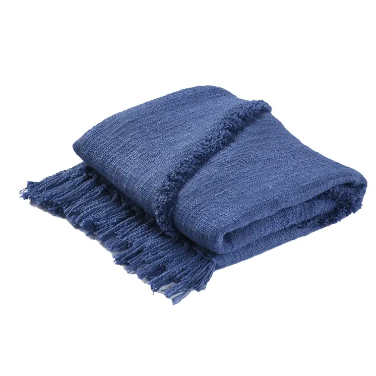 50" X 60" Blue Woven Cotton Throw Blanket with Fringe