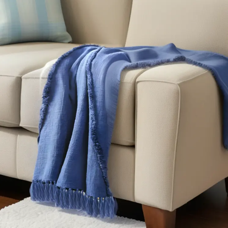 50" X 60" Blue Woven Cotton Throw Blanket with Fringe