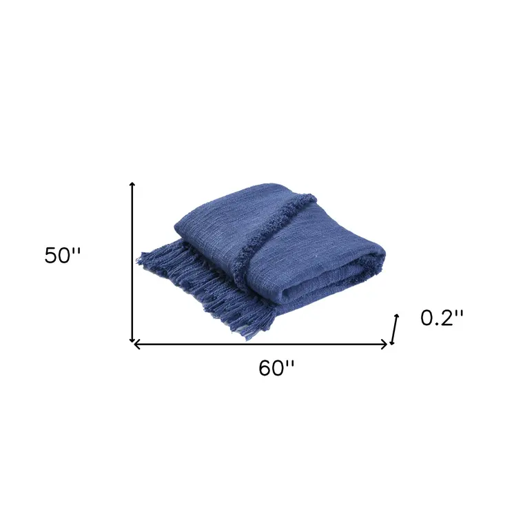 50" X 60" Blue Woven Cotton Throw Blanket with Fringe