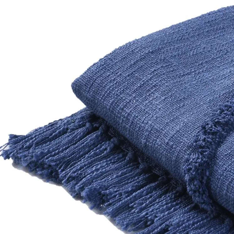 50" X 60" Blue Woven Cotton Throw Blanket with Fringe