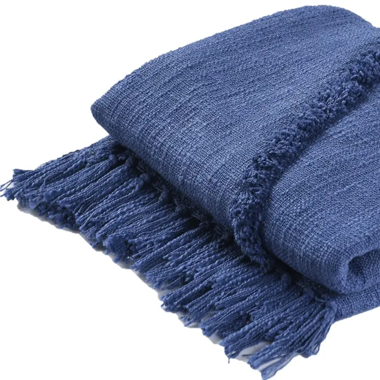 50" X 60" Blue Woven Cotton Throw Blanket with Fringe