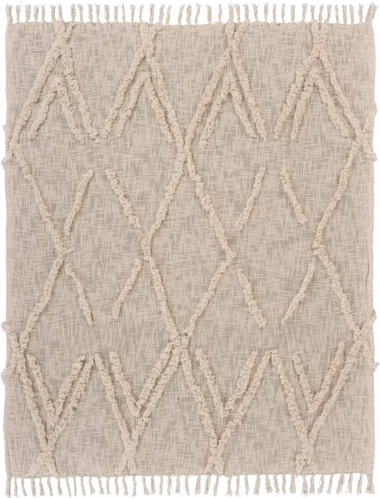 60" X 50" Beige Woven Cotton Geometric Throw Blanket with Fringe